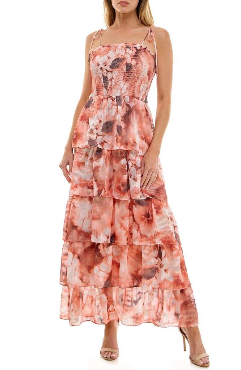 Socialite Floral Smocked Tie Strap Maxi Cocktail Dress, Main, color, Grey/ Peach
