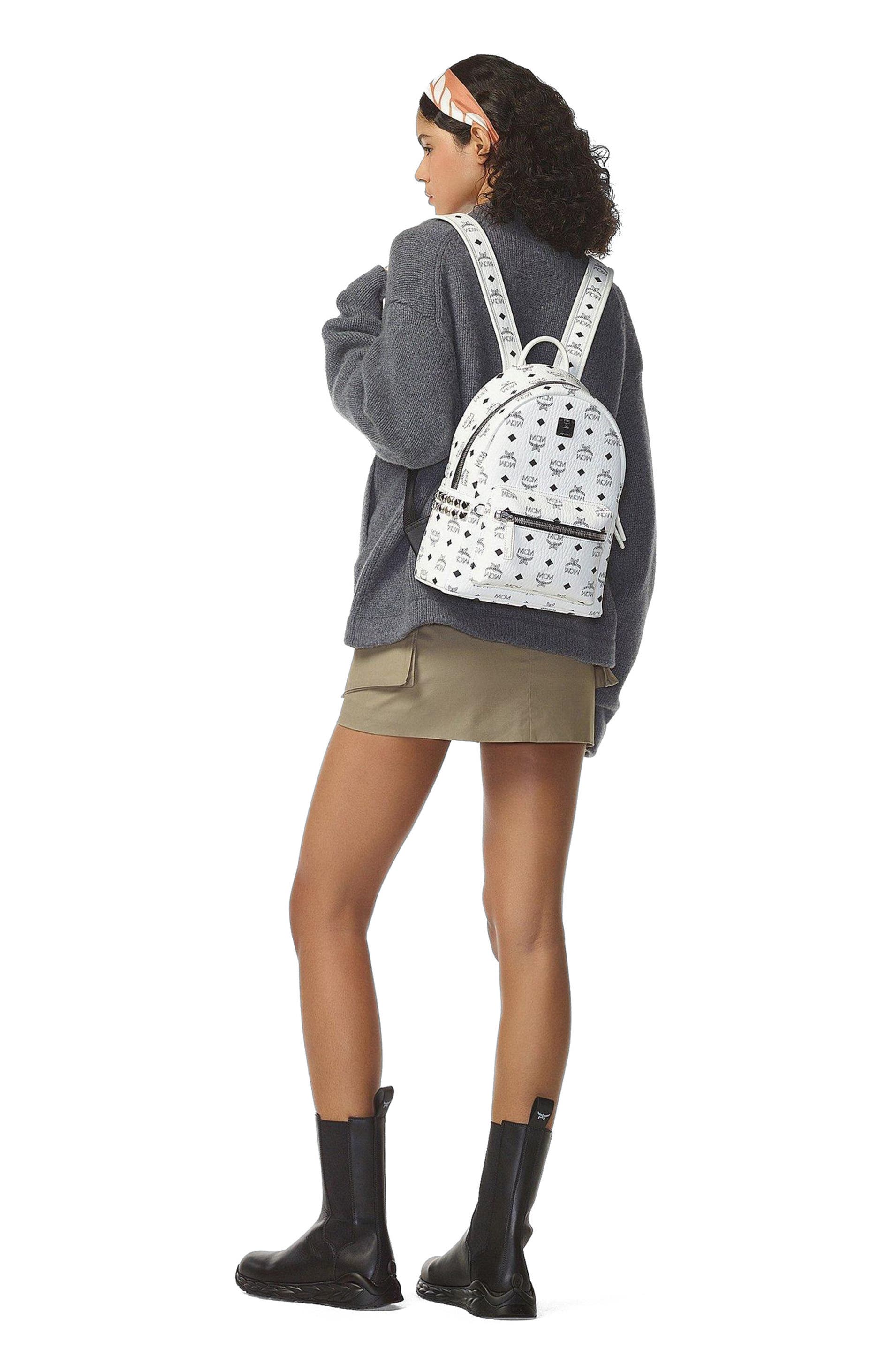 MCM Stark Side Studs Backpack in Visetos, Alternate, color, White