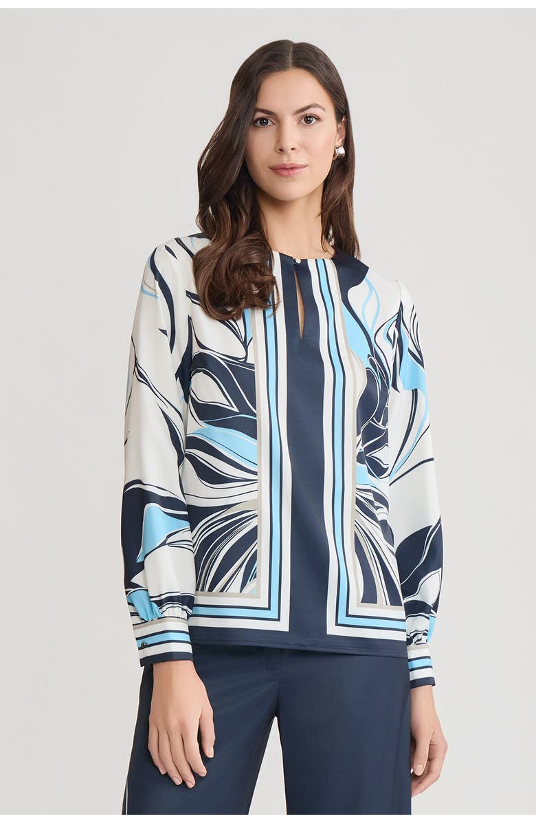 Ming Wang Floral Abstract Crepe de Chine Blouse, Main, color, Indigo/White/Serene