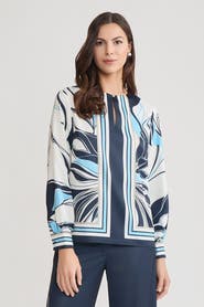 Ming Wang Floral Abstract Crepe de Chine Blouse