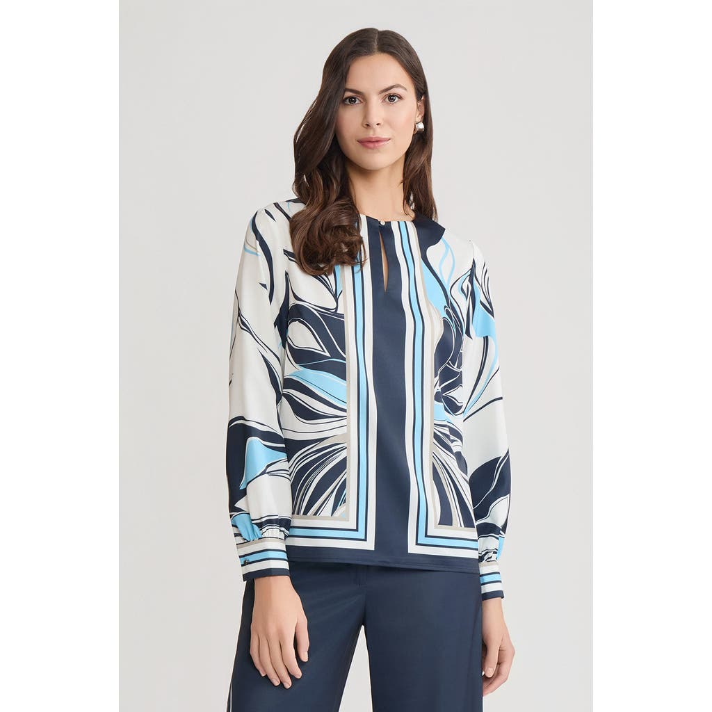 Ming Wang Floral Abstract Crepe De Chine Blouse In Blue