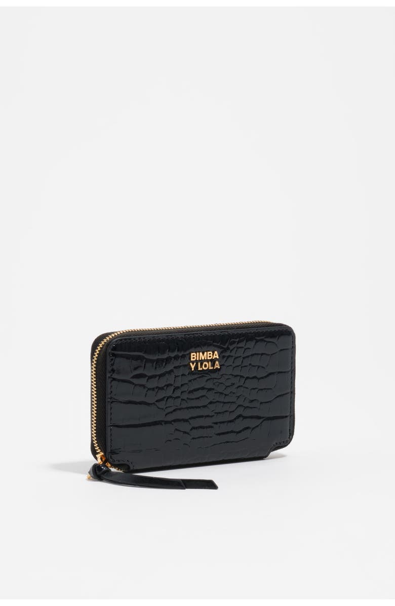 Bimba y Lola Embossed Crocodile Leather Compact Purse, Main, color, Black