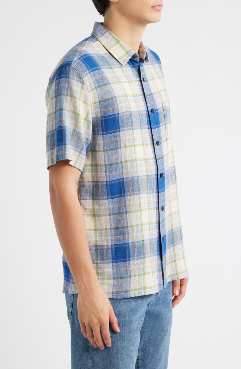 Pendleton Dawson Plaid Short Sleeve Linen Blend Button-Up Shirt, Alternate, color, Blue Multi Plaid