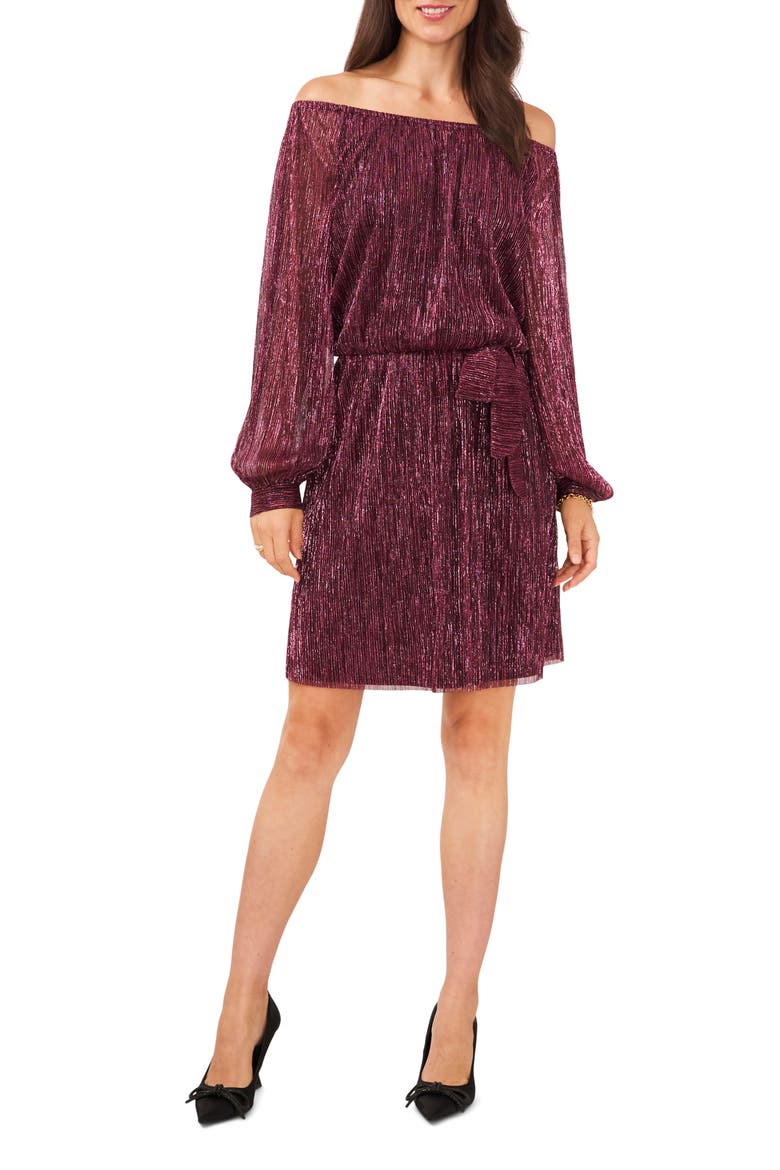 Metallic Off the Shoulder Long Sleeve Tie Waist Dress, Main, color, PINK/BLACK
