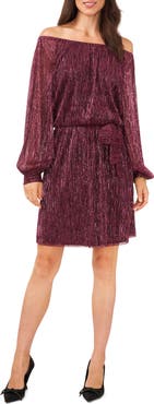 Chaus Metallic Off the Shoulder Long Sleeve Tie Waist Dress