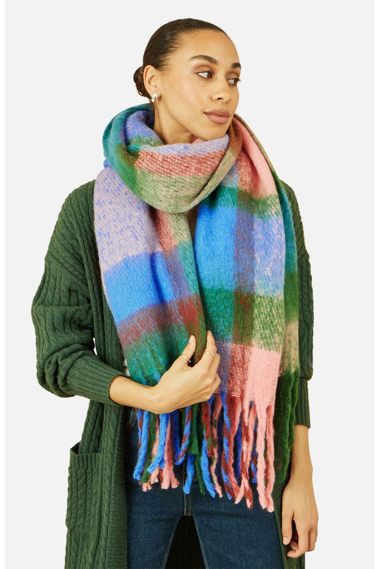 Oversize Fringe Checked Scarf, Alternate, color, Blue