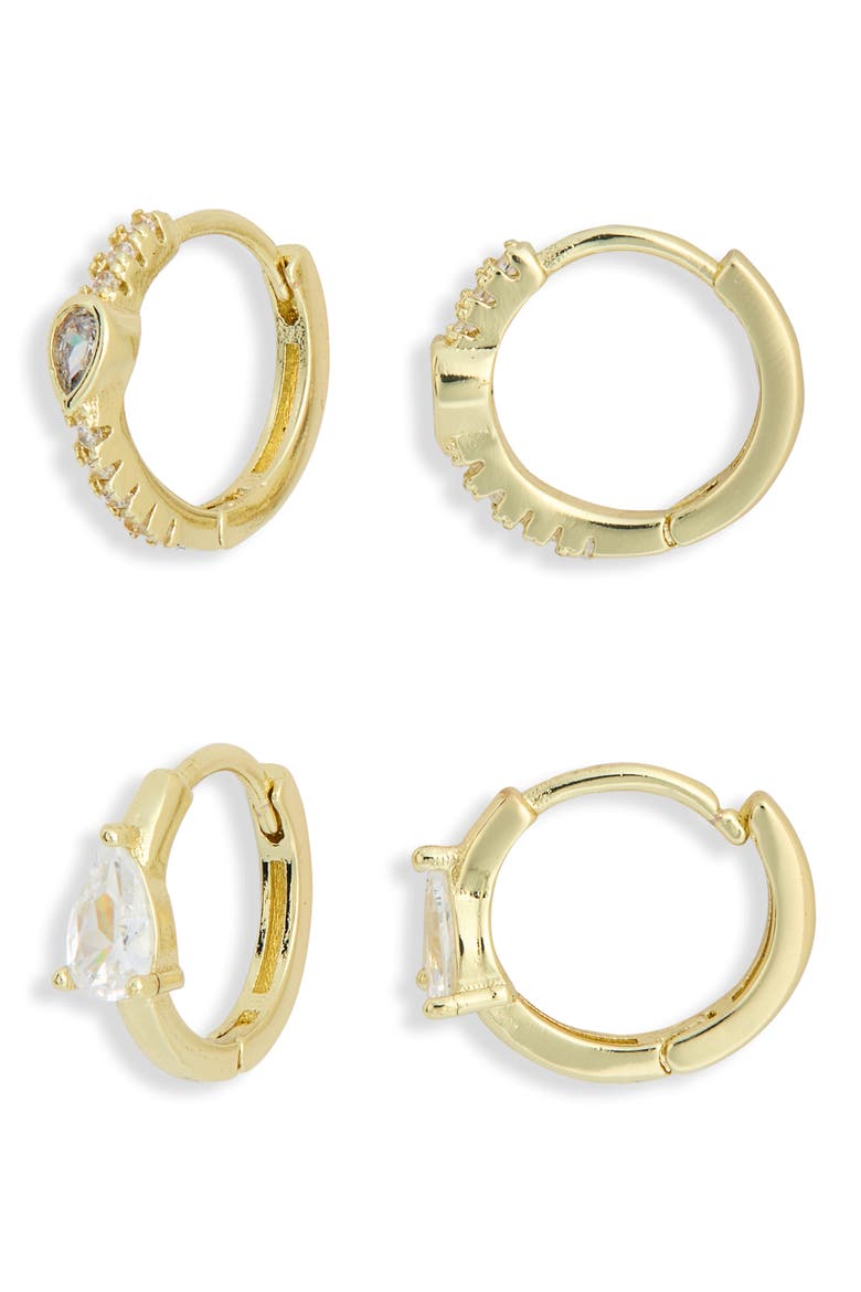Set of 2 Assorted Huggie Hoop Earrings, Main, color, CLEAR- GOLD