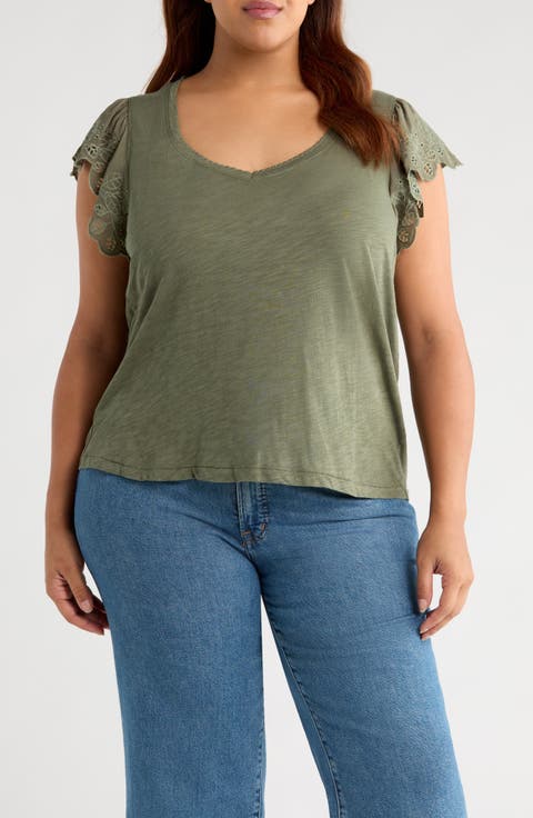 Eyelet Flutter Sleeve V-Neck T-Shirt (Plus)