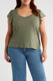 Wit & Wisdom Eyelet Flutter Sleeve V-Neck T-Shirt
