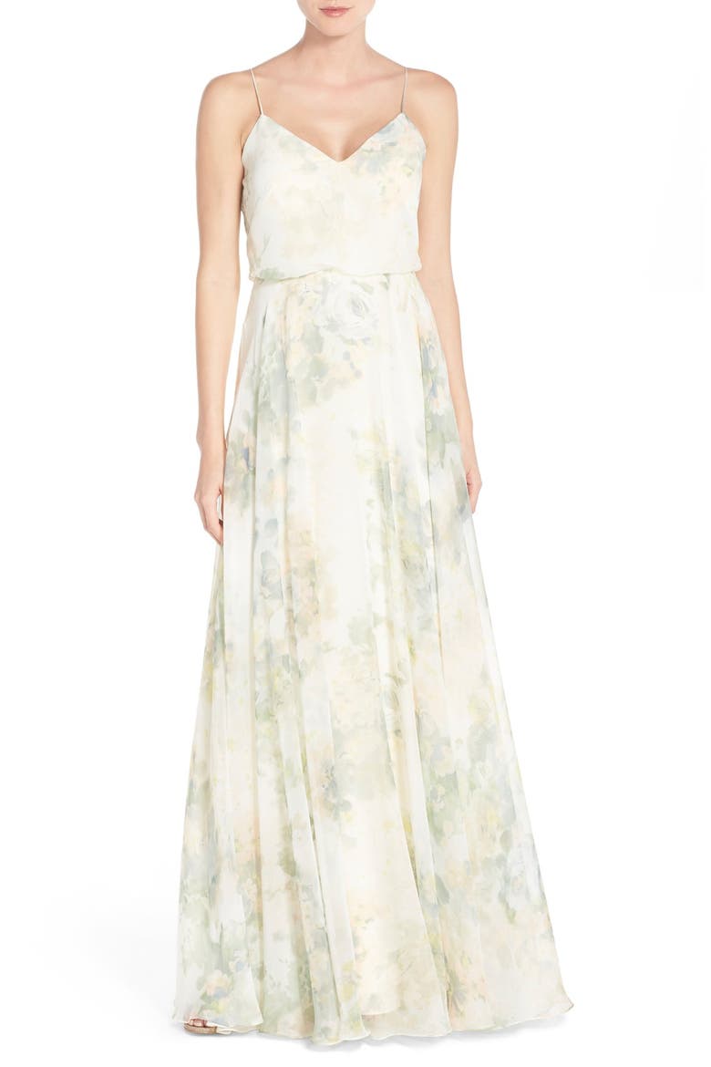 Inesse V-Neck Chiffon Gown, Main, color, VINTAGE FLORAL IVORY SAGE ROSE