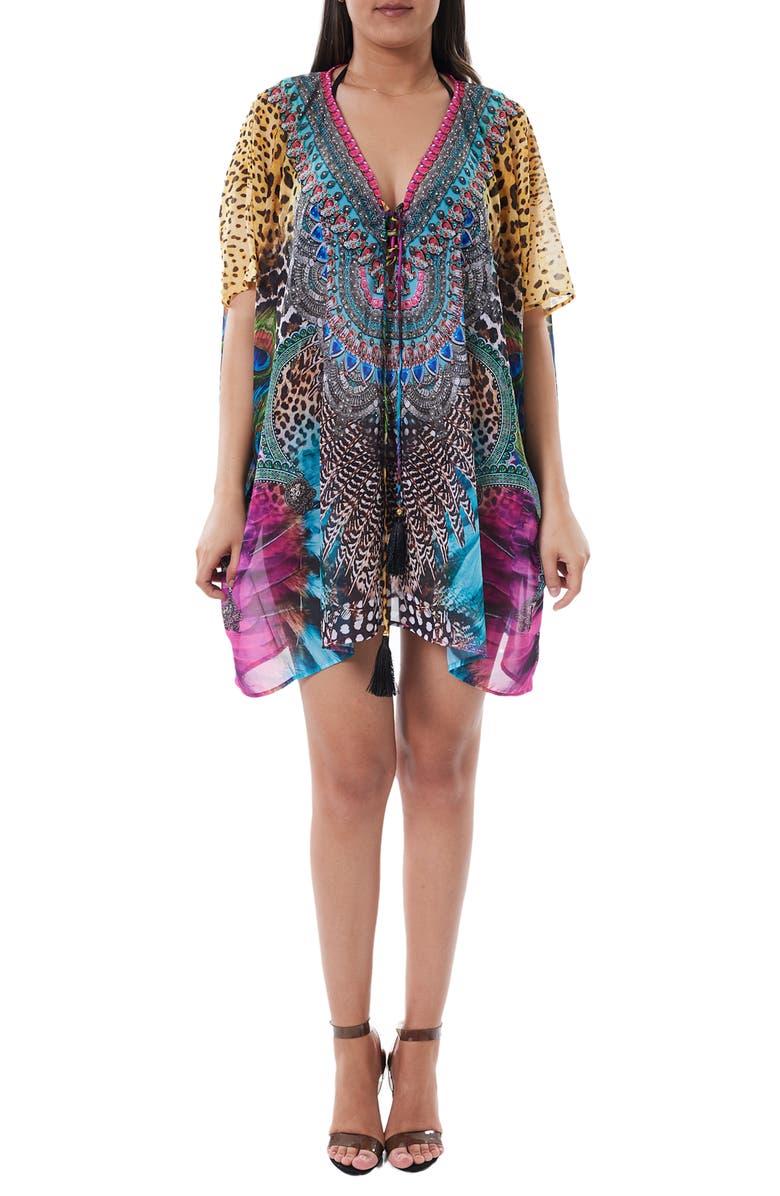 RANEES Mixed Print Tassel Neck Dress, Main, color, M-Color