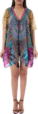 RANEES Mixed Print Tassel Neck Dress