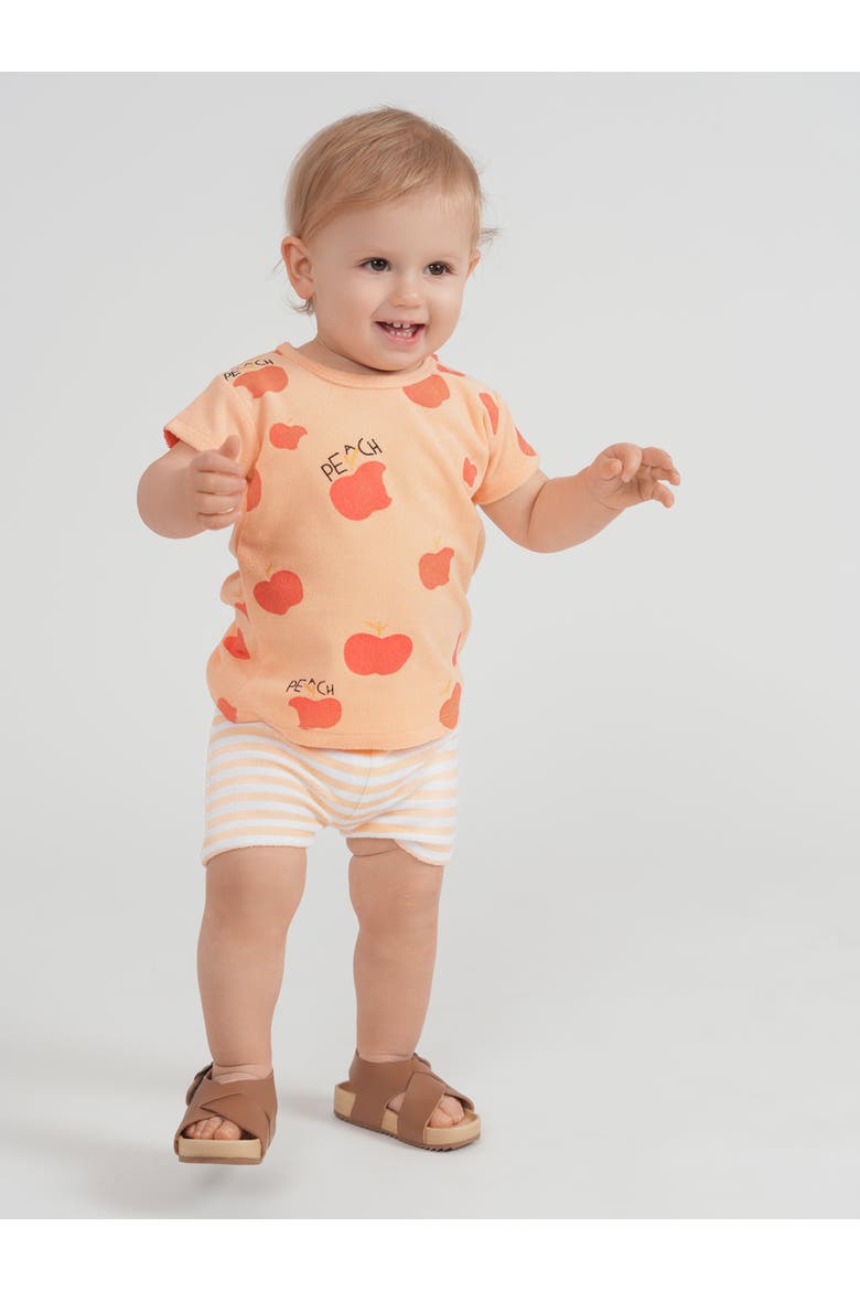 Girl Terry Peach Art T-Shirt & Striped Shorts Two Piece Set, Alternate, color, Cream/Peach