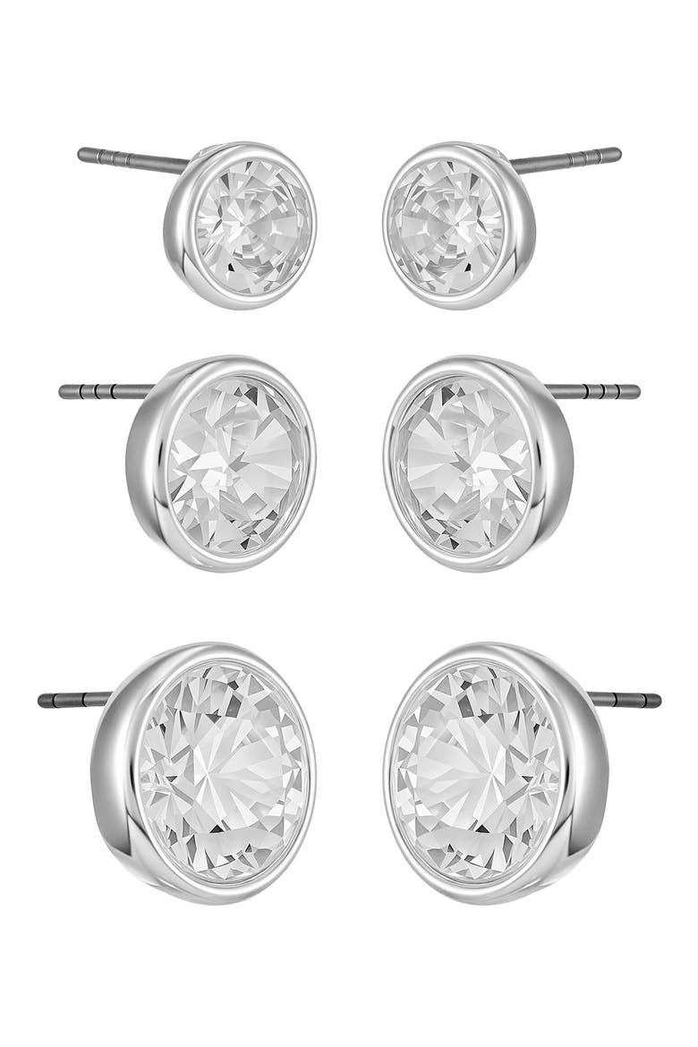 Set of 3 Cubic Zirconia Stud Earrings, Alternate, color, SILVER TONE
