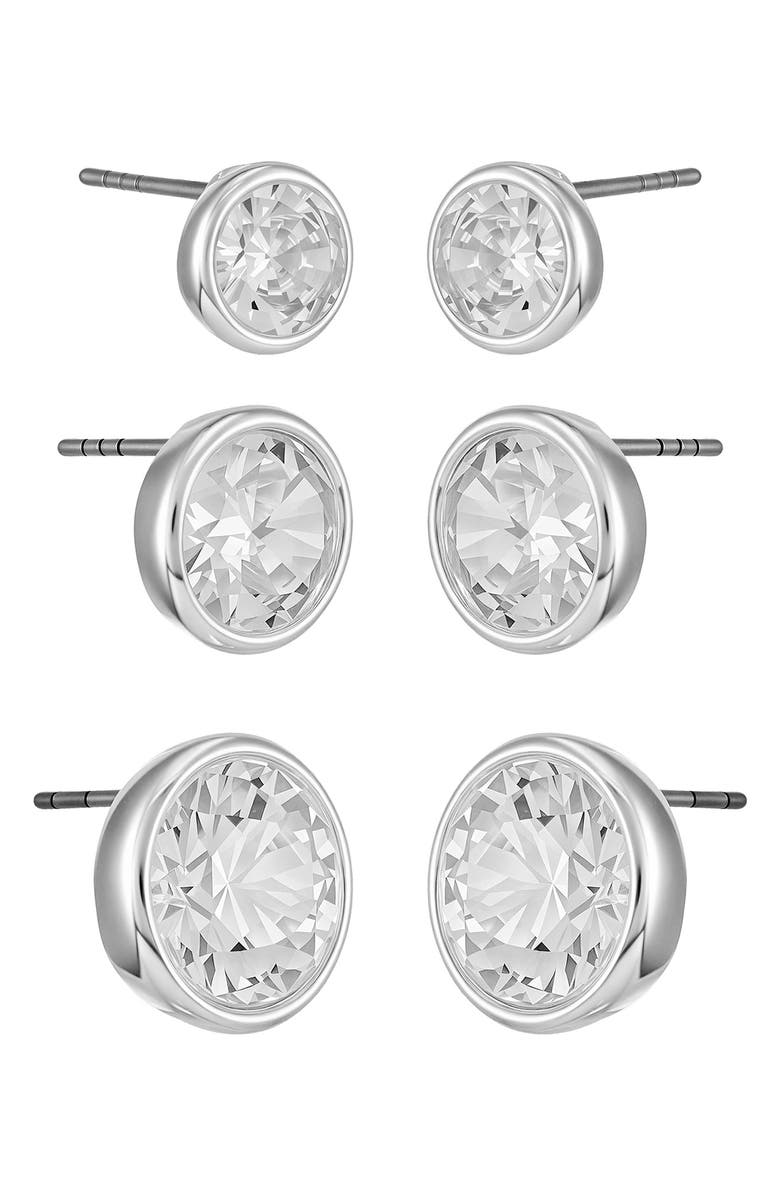 Vince Camuto Set of 3 Cubic Zirconia Stud Earrings, Alternate, color, Silver Tone