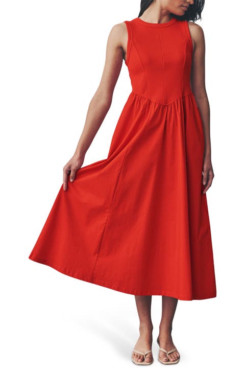 Mixed Media Cotton Blend Sleeveless Midi Dress