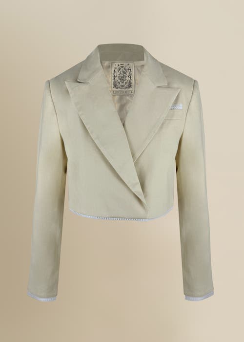Contessa Mills Morgaine Cropped Linen Lace-trim Blazer In Green