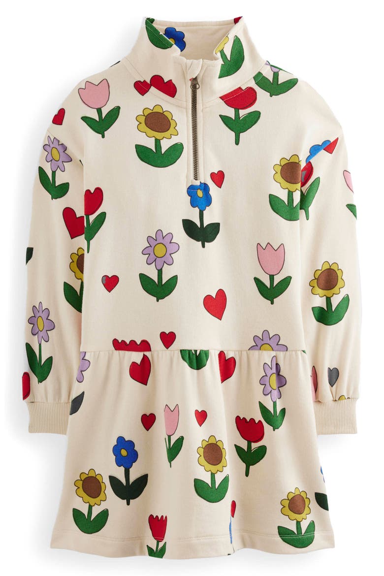 Kids' Floral Half Zip Long Sleeve Cotton Sweatshirt Dress, Main, color, CALICO WHITE SUNFLOWER GARDEND