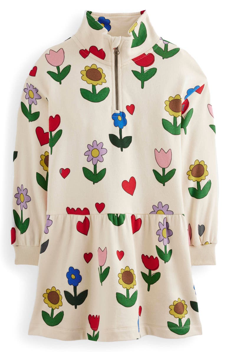 Mini Boden Kids' Floral Half Zip Long Sleeve Cotton Sweatshirt Dress, Main, color, Calico White Sunflower Garden