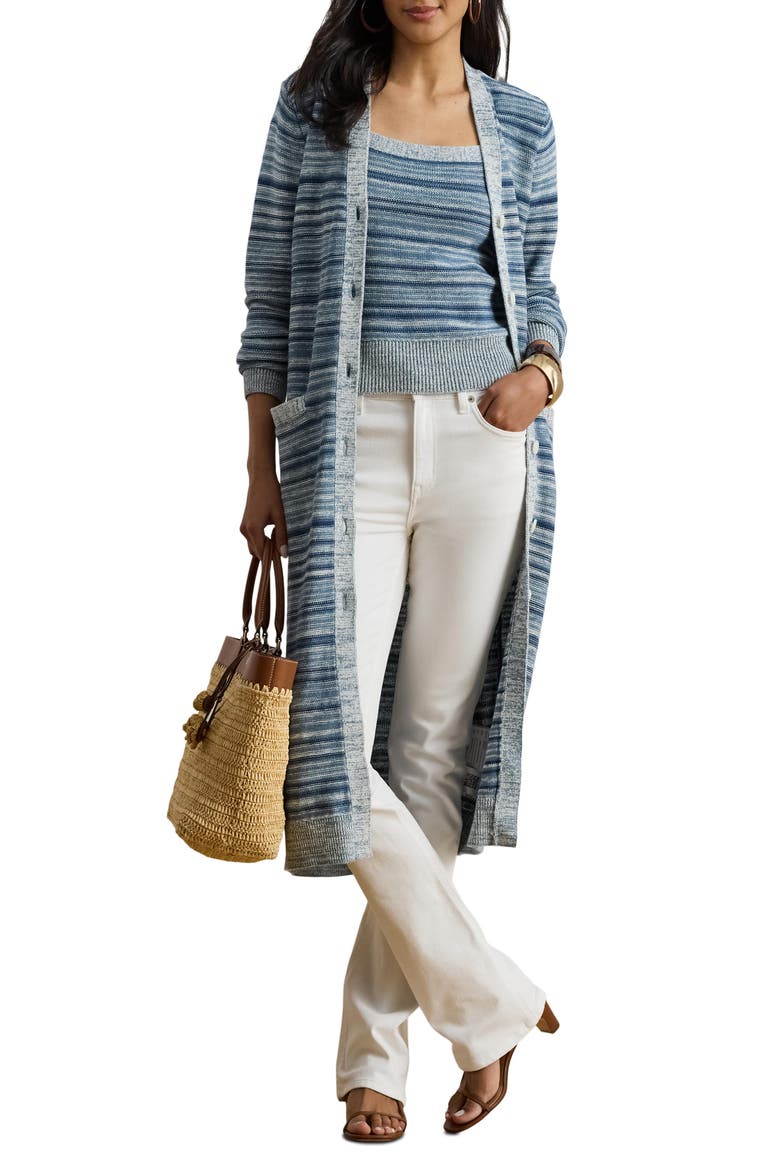 Stripe Linen & Cotton Long Cardigan, Main, color, INDIGO/ MULTI