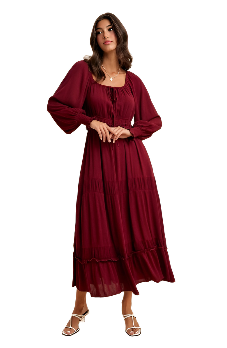 Knit and Lounge Long-Sleeve Smocked Maxi Dress with Tiered Skirt, Alternate, color, Burgundy