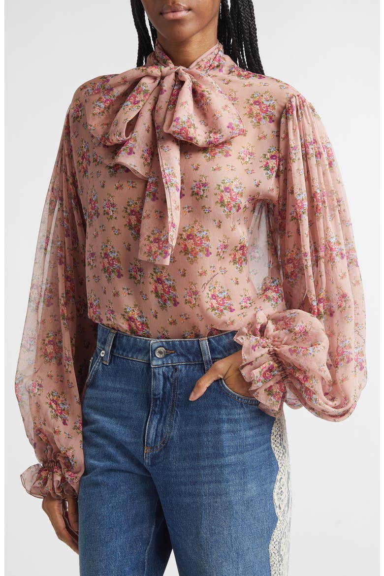 Floral Bouquets Silk Chiffon Tie Neck Shirt, Alternate, color, MAZZOLINI FIORI FROS