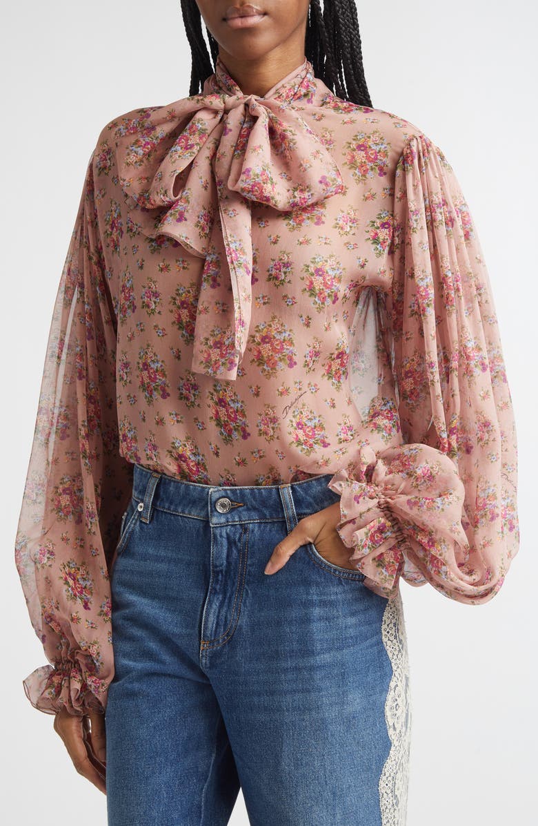 Dolce&Gabbana Floral Bouquets Silk Chiffon Tie Neck Shirt, Alternate, color, Mazzolini Fiori Fros