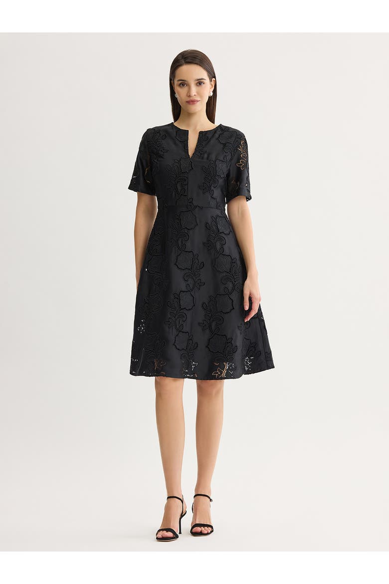 A-Line Floral Eyelet Crepe de Chine Dress, Main, color, Black