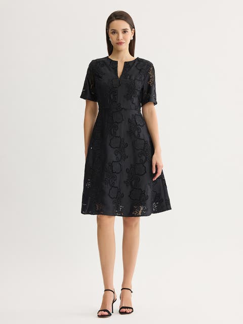 A-Line Floral Eyelet Crepe de Chine Dress
