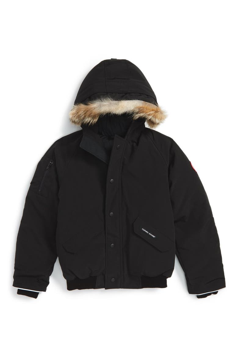 'Rundle' Down Bomber Jacket with Genuine Coyote Fur Trim, Main, color, BLACK