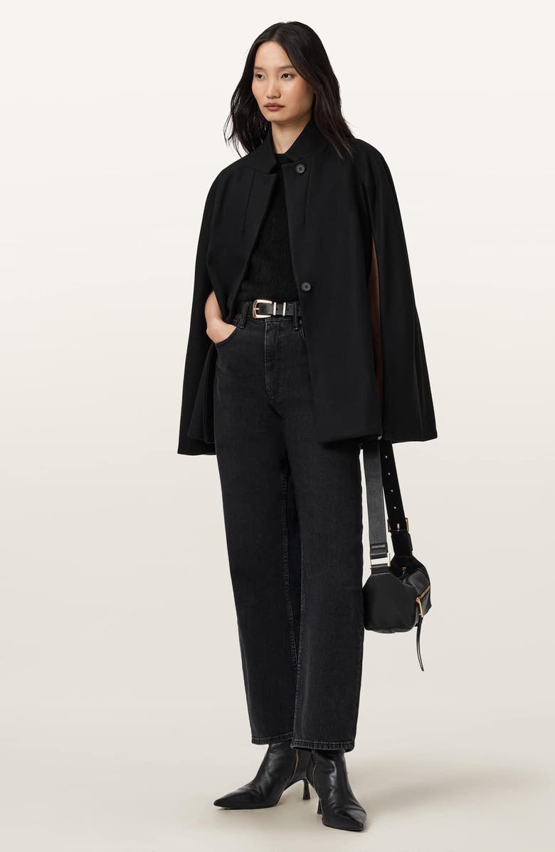 AllSaints Lunis Wool Blend Cape Coat, Alternate, color, Black