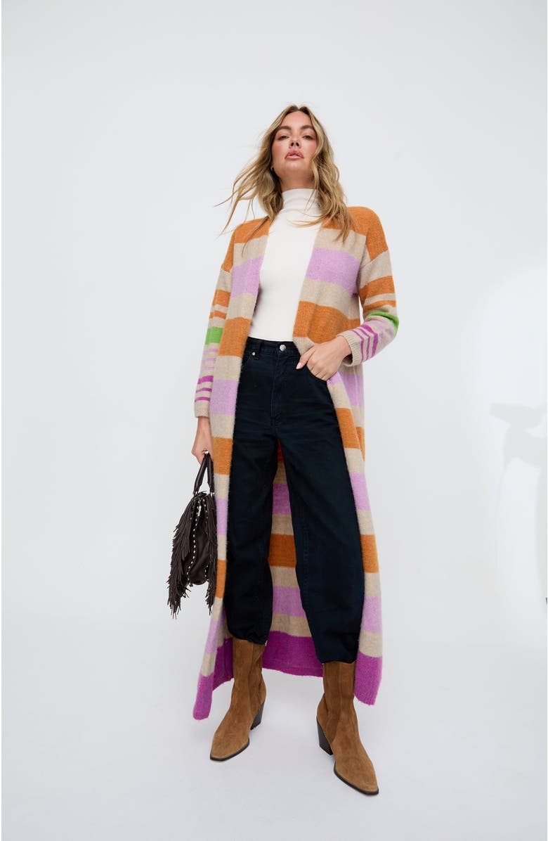 Raffya Blondie Long Line Rugby Stripe Cardigan, Main, color, Multi