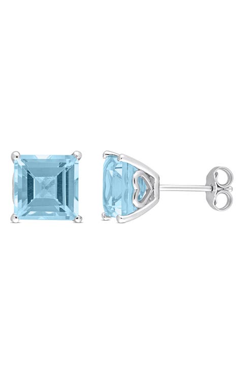 Square Cut Sky Blue Topaz Stud Earrings