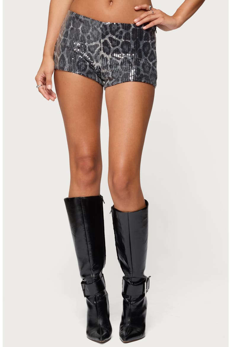 Sequin Leopard Print Microshorts, Main, color, BLACK