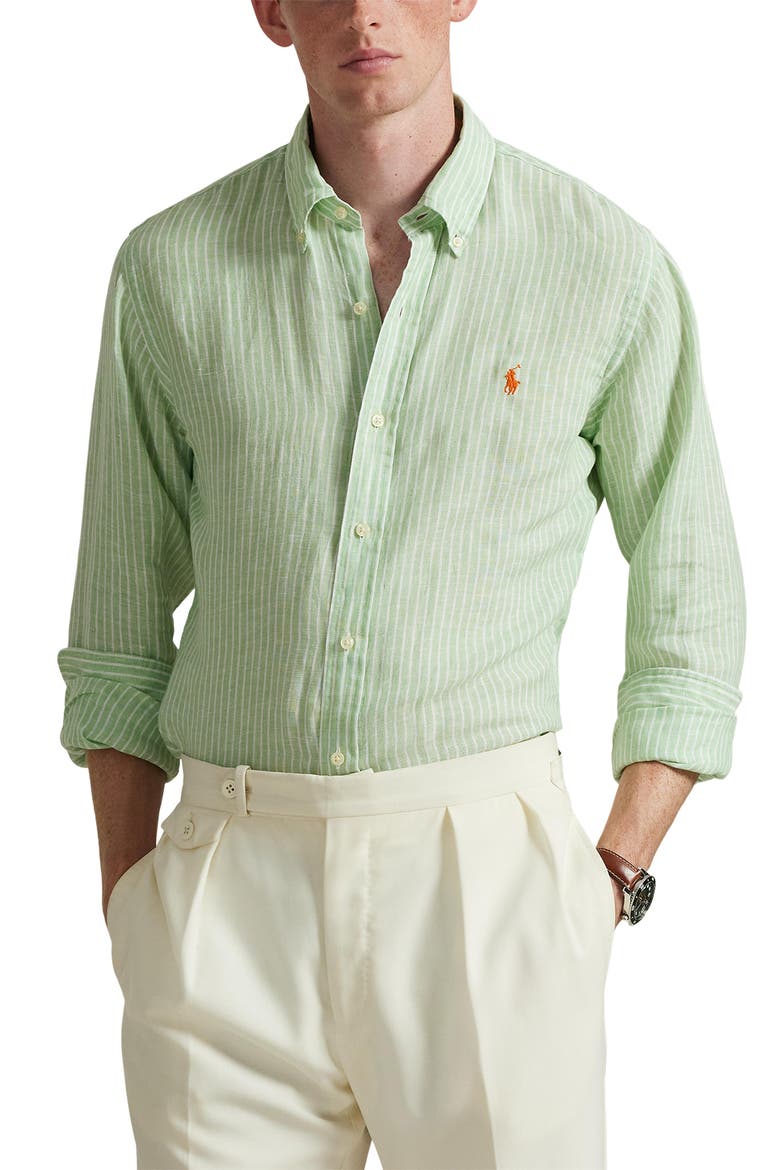 Classic Fit Stripe Linen Button-Down Shirt, Main, color, ESSEX GREEN WHITE