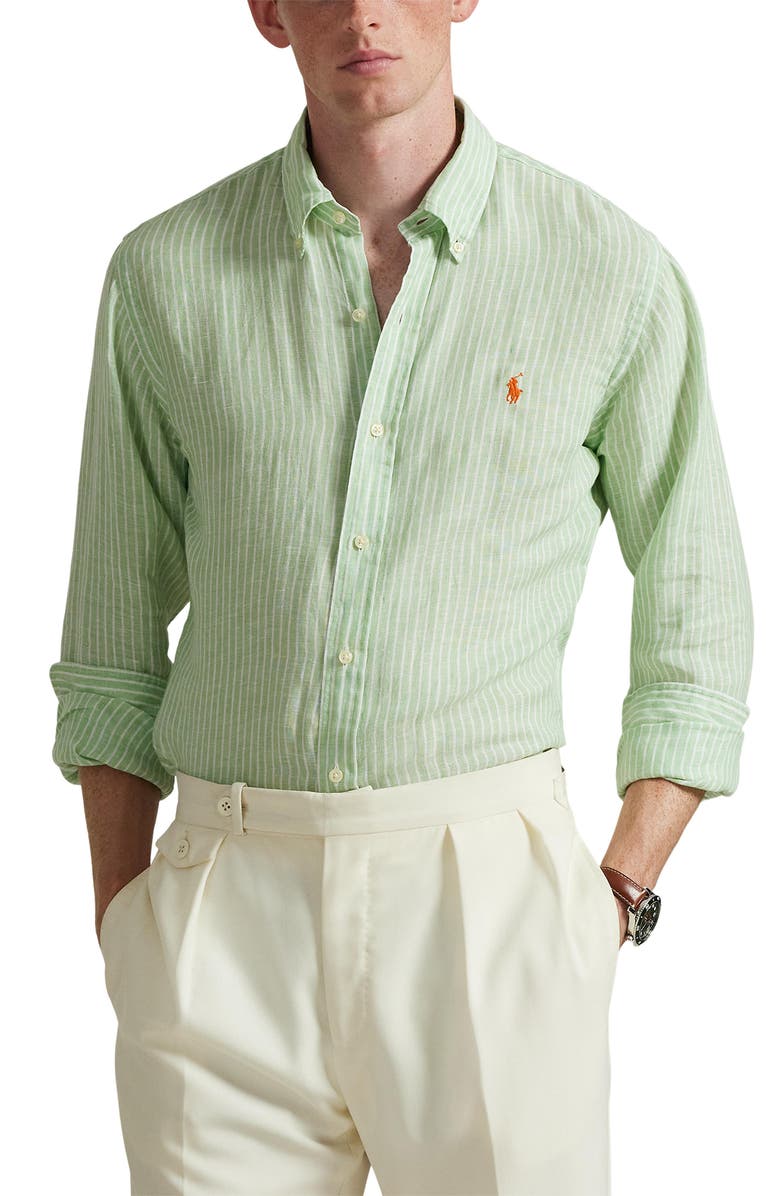 Polo Ralph Lauren Classic Fit Stripe Linen Button-Down Shirt, Main, color, Essex Green White