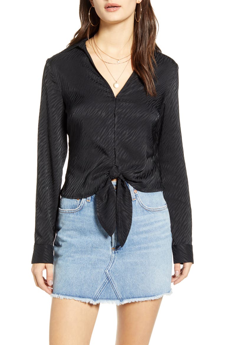 Tie Front Zebra Jacquard Satin Top, Main, color, BLACK