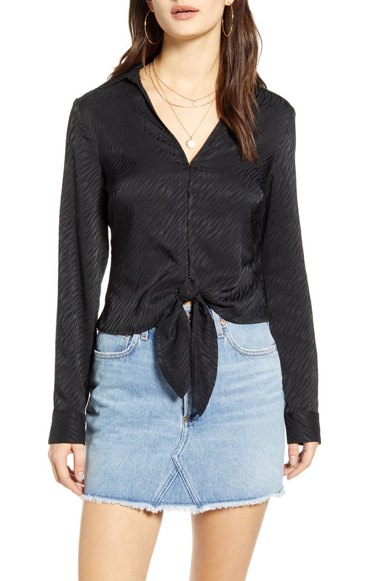 Leith Tie Front Zebra Jacquard Satin Top, Main, color,