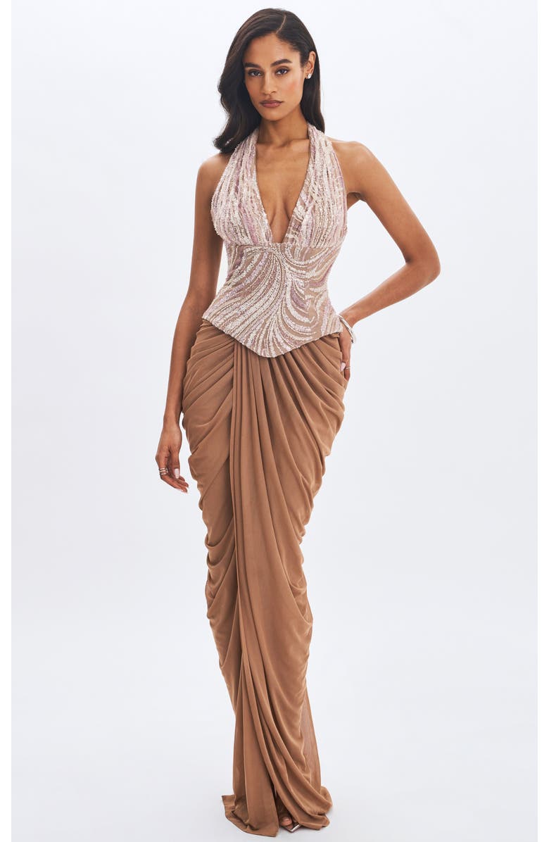Miss Circle Nancie Beaded Halter Peplum Ruched Maxi Dress, Main, color, Apricot