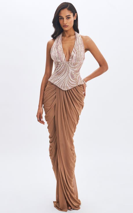 Nancie Beaded Halter Peplum Ruched Maxi Dress