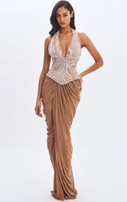 Miss Circle Nancie Beaded Halter Peplum Ruched Maxi Dress