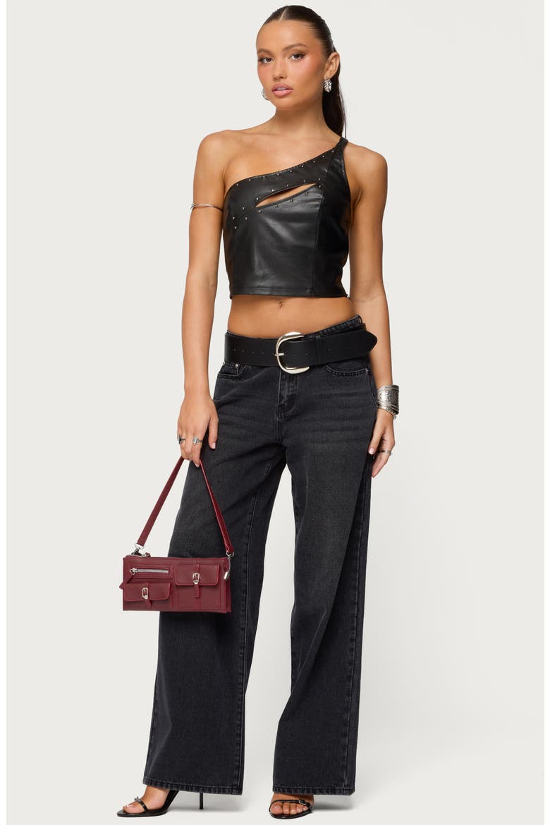 Cutout One-Shoulder Faux Leather Crop Top, Alternate, color, BLACK
