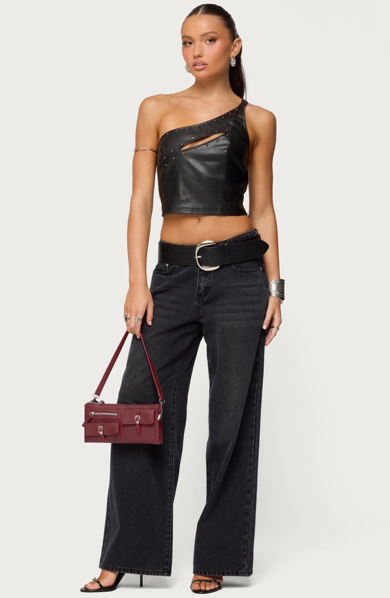 EDIKTED Cutout One-Shoulder Faux Leather Crop Top, Alternate, color, Black