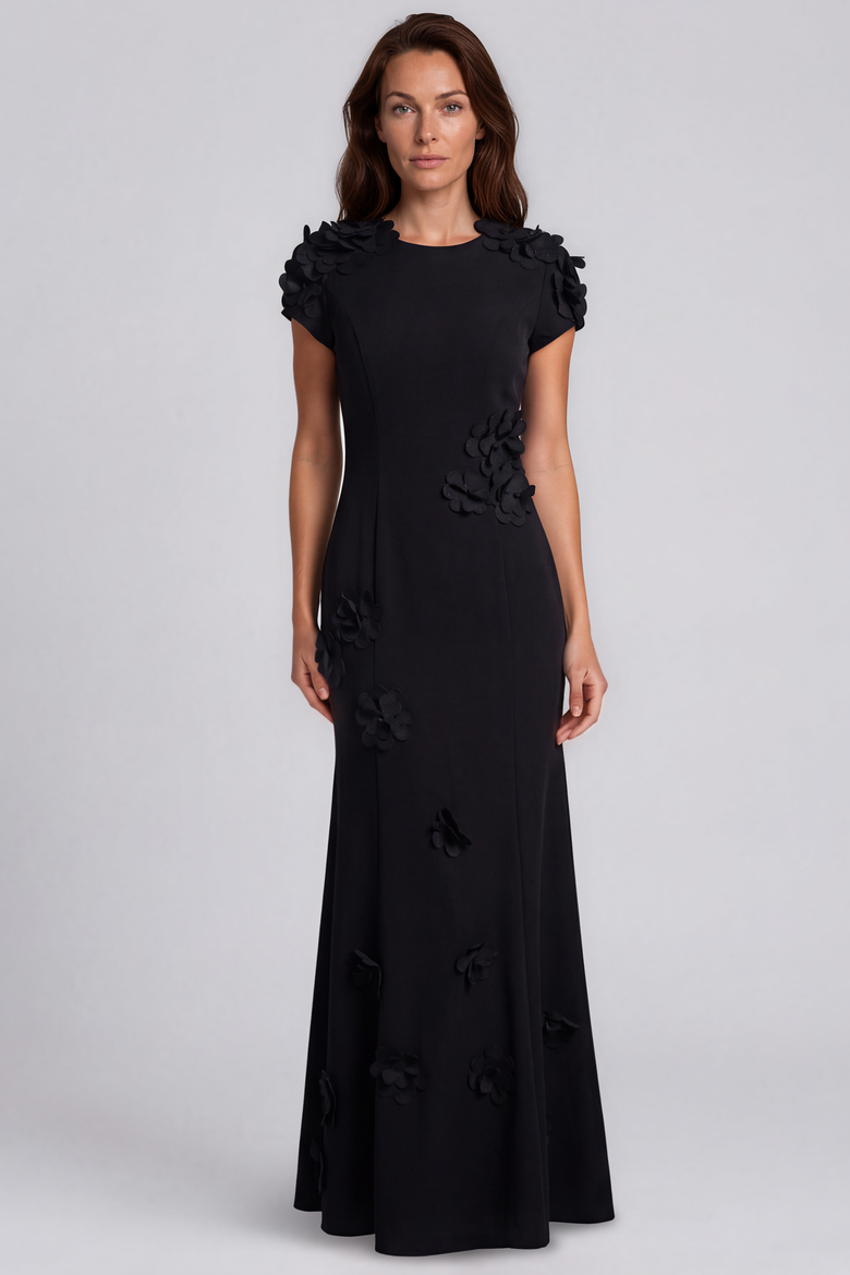 High Neck Crepe Gown, Main, color, Black