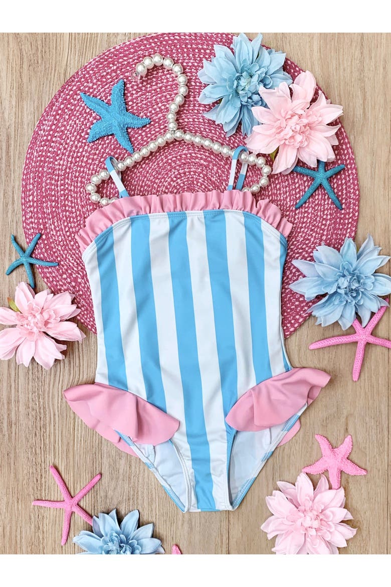 Seaside Stripes Ruffle One-Piece Swimsuit, Alternate, color, Blue