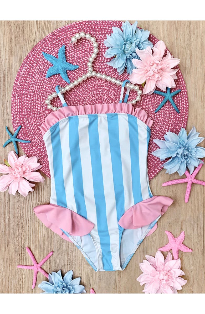 Mia Belle Girls Seaside Stripes Ruffle One-Piece Swimsuit, Alternate, color, Blue