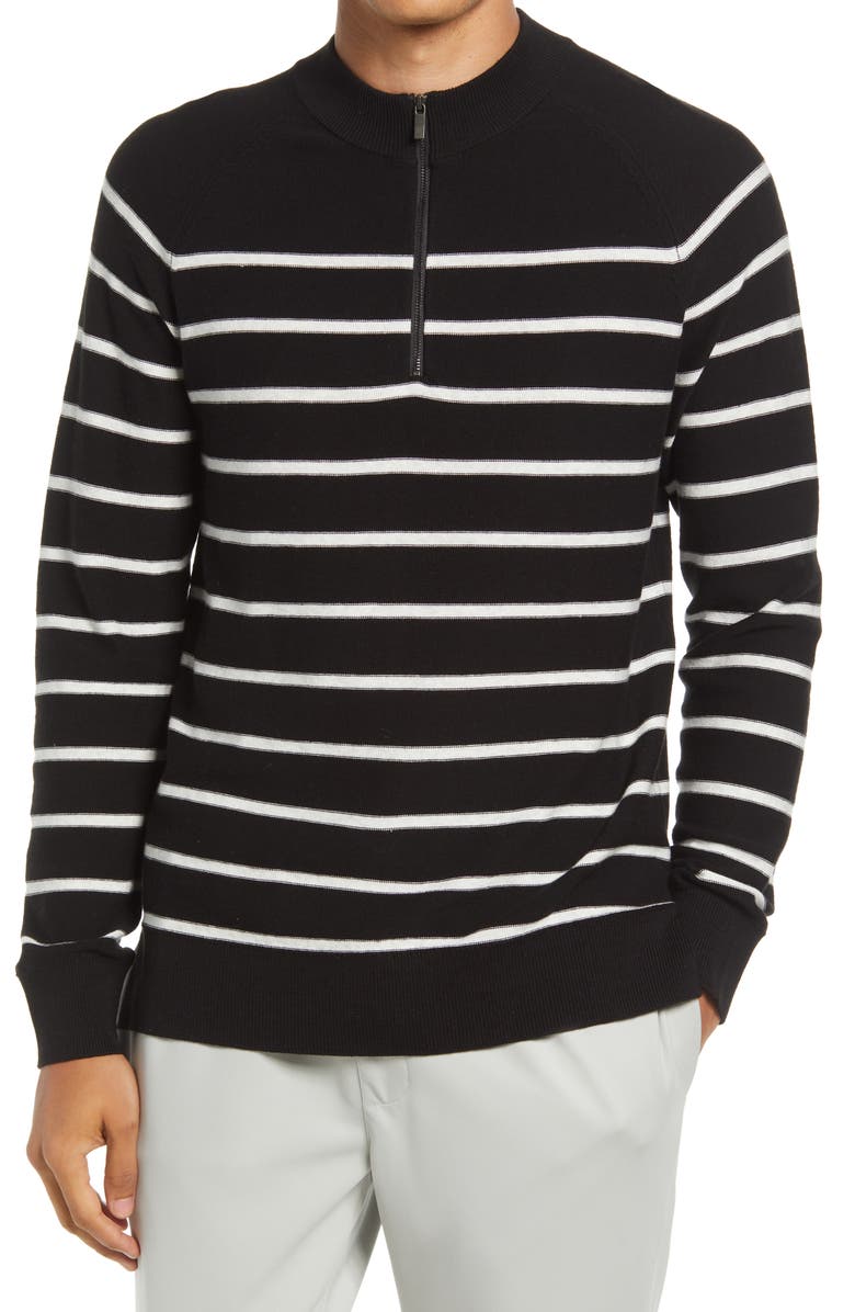 Open Edit Stripe Mock Neck Cotton Blend Sweater, Main, color, 