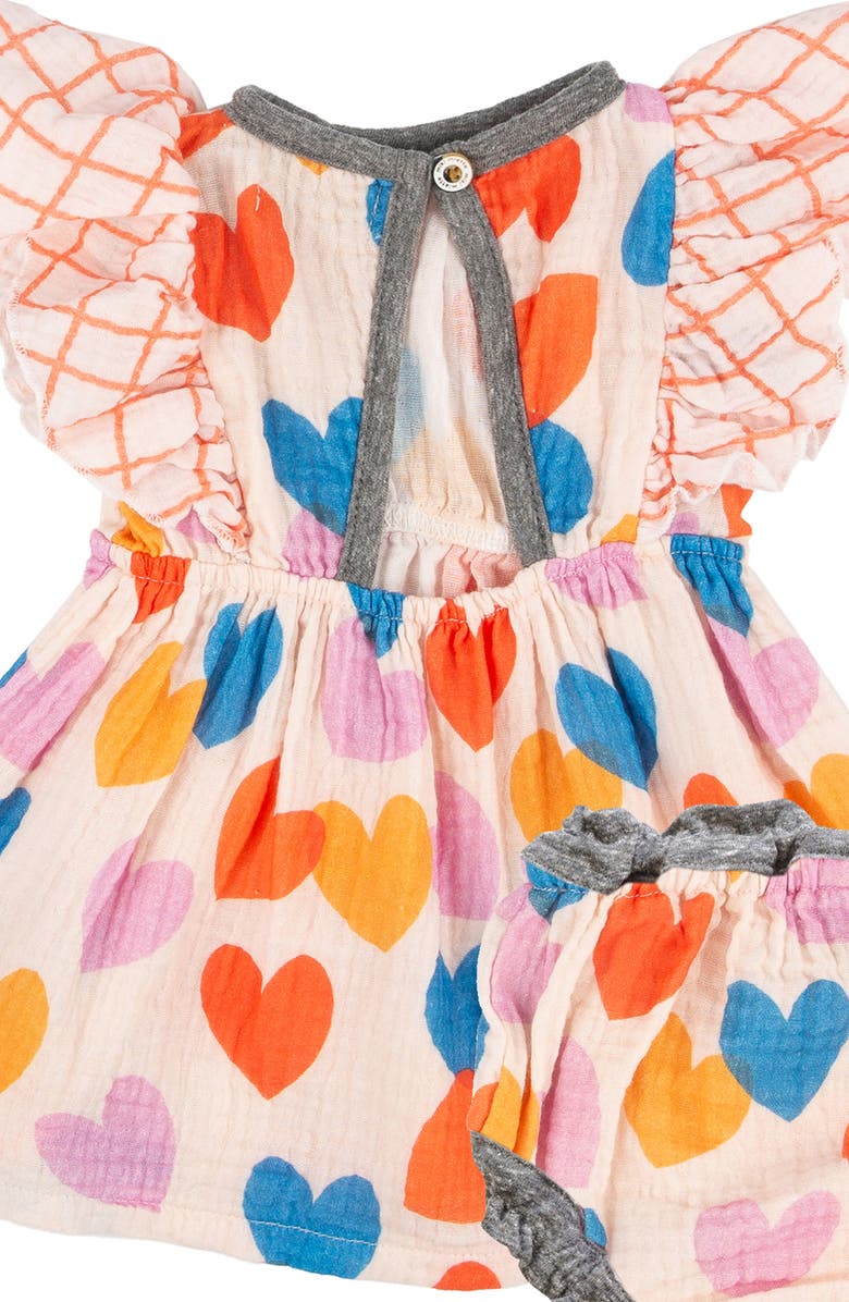 Miki Miette Heart Ruffle Short Sleeve Cotton Dress & Bloomers, Alternate, color, 