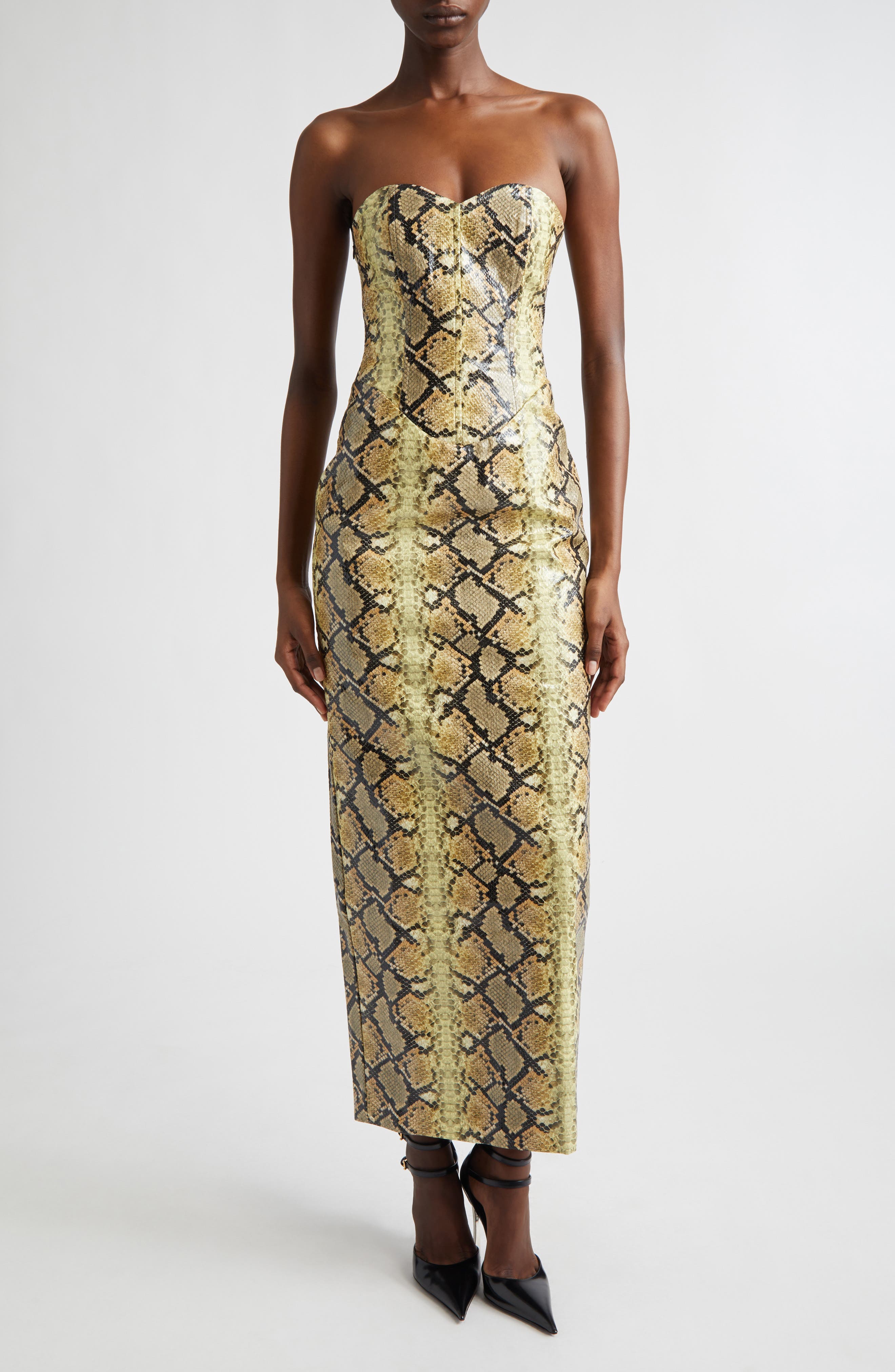 snakeskin leather dress Clothing: Midi Dresses: 'Gracie' Panelled Snakeskin Print Vegan Leather  Midi Dress