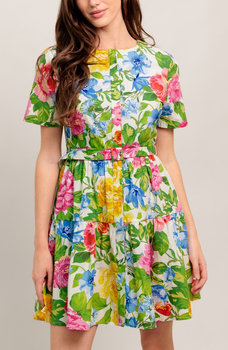 FLYING TOMATO Short Sleeve Print Minidress, Alternate, color, Green Multi Floral